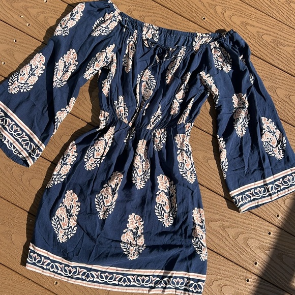 Boho cute navy/tan off shoulder tie front mini dress SZ M - Picture 4 of 10